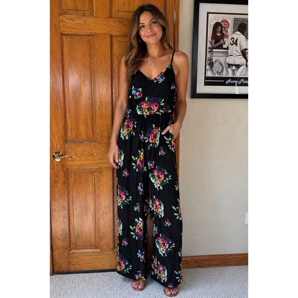 Vintage Betsey Johnson Floral Jumpsuit Black Multi Color Wide Leg Womens Size M